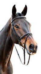 Obraz premium Majestic Brown Horse Portrait with Bridle Against White Background