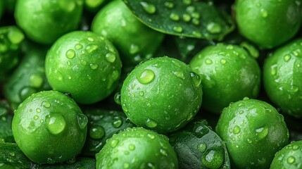 Green, round fruits with water droplets among leaves