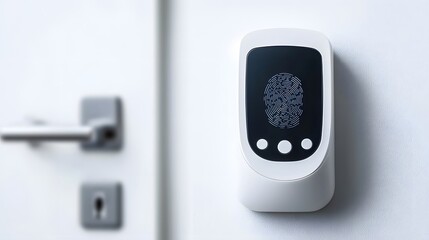 A close-up of a digital fingerprint scanner, symbolizing biometric technology and digital transformation, with space for your message.