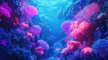 Naklejka premium Vibrant fractal coral reef ecosystem underwater, glowing with intense colors