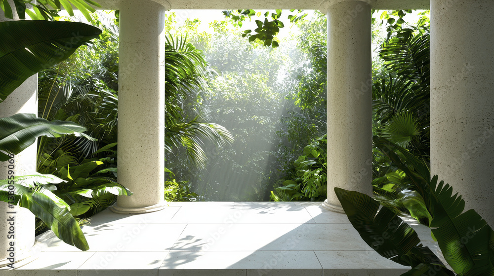 Poster serene tropical scene featuring lush greenery and sunlight filtering through columns, creating peace