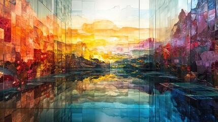Naklejka premium Abstract glass landscape reflecting light with mountain and vibrant color design