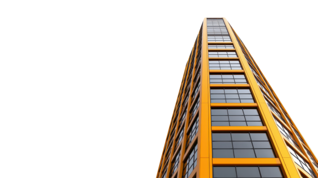 Modern Skyscraper with Orange Facade and Glass Windows at Low Angle