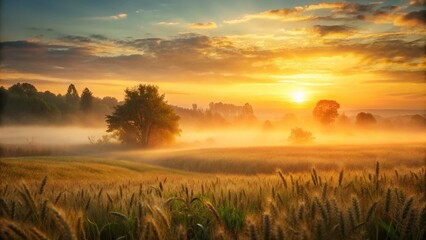Naklejka premium Serene Sunrise Wheat Field: Golden Hour Fog & Silhouetted Trees - Double Exposure Stock Photo