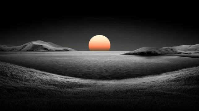 Monochrome Sunset Landscape Orange Sun Over Calm Water and Rolling Hills
