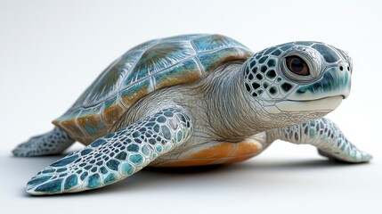 Obraz premium Teal-toned turtle portrait with intricate shell details on a plain background