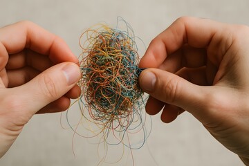 Hands holding a tangled mess of thread or wire.