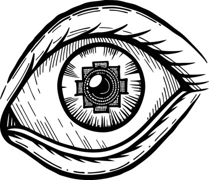 recommend clip art: Illustrated eye with intricate geometric pattern in pupil, black and white line art design.