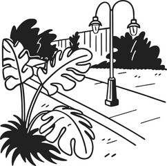 Obraz premium Monstera plant by pathway with vintage streetlamps in ink illustration.