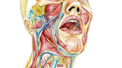 Anatomical Illustration of Human Head with Exposed Muscles and Vessels