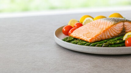 Grilled salmon fillet garnished with lemon, cherry tomatoes, and