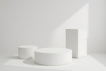 Three Minimalist Geometric White Platforms Under Soft Lighting in Neutral Space

