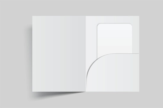 3D Single Pocket Folder, open Leaflet, bifold and business card mockup isolated on background. Blank folder paper template for presentation credit card, key Card, notecards, postcard, invitation
