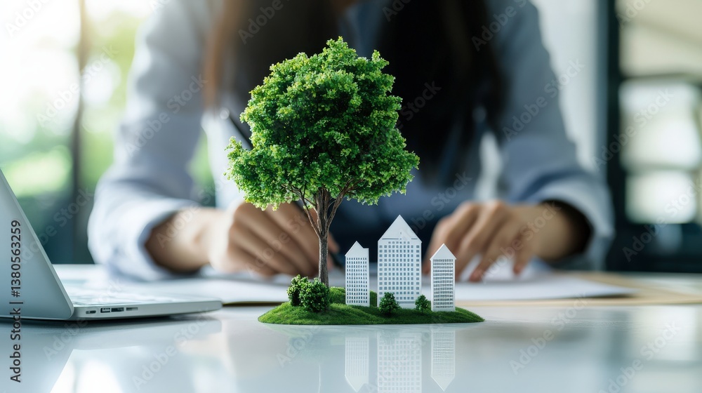 Poster a woman is sitting at a desk with a laptop and a small model of a house with a tree in front of it