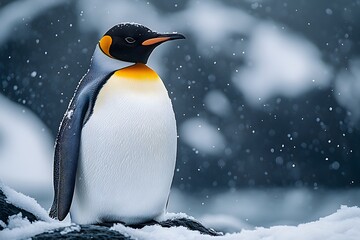 Obraz premium single emperor penguin against a stormy antarctic backdrop. the penguin stands tall, bracing against the cold wind, with snowflakes and a dramatic sky.