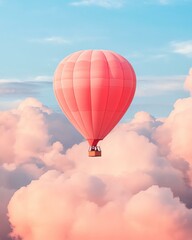 Fototapeta premium A serene view of a hot air balloon soaring above fluffy clouds, capturing the beauty of adventure and tranquility in the sky during a vibrant sunrise.