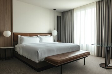 A modern bedroom features elegant furniture and a large window