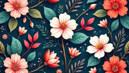 Seamless floral textile print with leaves and flowers , elegant, illustration, texture