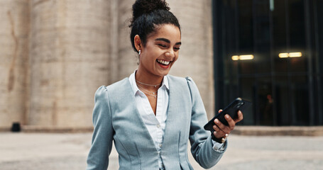 Business, smile and woman in street, smartphone and internet with app, message to contact and...