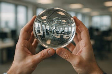 Hands holding a crystal ball in an office setting.
