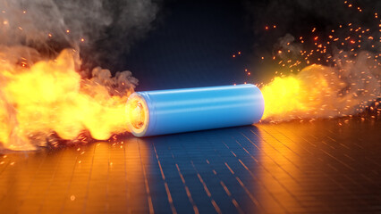 Lithium-ion 21700 cell is burning. Fire comes inside out from both sides. 3D Render
