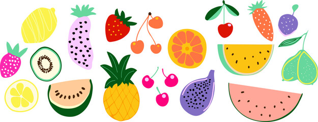 Vector summer cute exotic tropical fruits in flat design.Healthy sweet food. 
