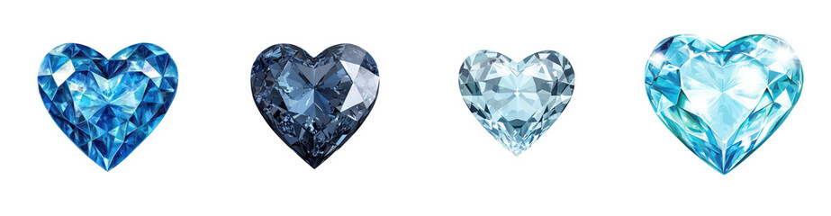 Fototapeta premium Four Sparkling Heart Shaped Diamonds in Blue Hues Perfect for Valentines Day Designs