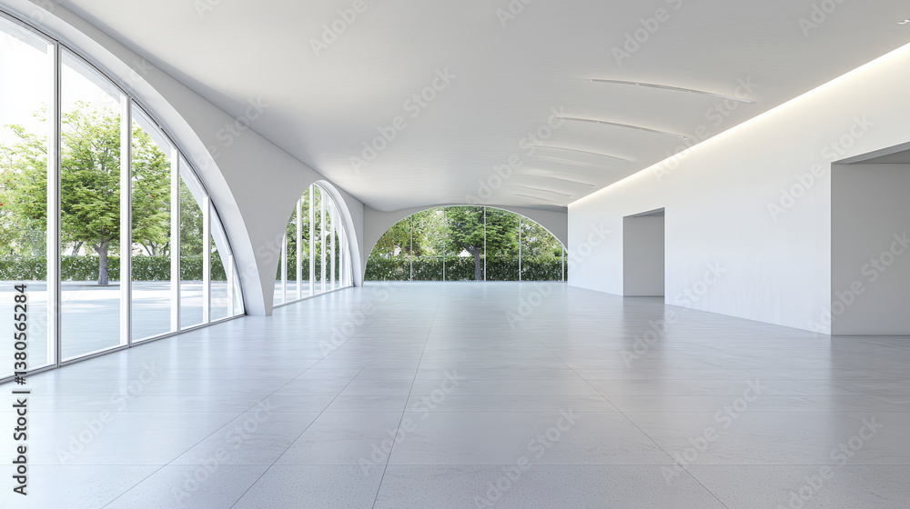 Poster modern architectural interior featuring spacious, minimalist design with large windows allowing natu