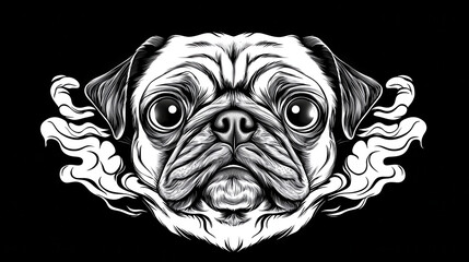 detailed illustration of pug with exaggerated features, surrounded by swirling smoke patterns, creating whimsical and artistic effect
