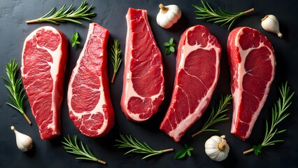 Overhead shot of various raw beef steaks arranged artistically on a dark background with fresh rosemary and garlic