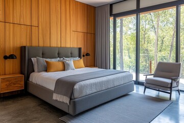 A modern bedroom with a large window and wooden wall