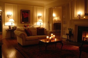 Cozy Living Room with Candles and Fireplace at Night