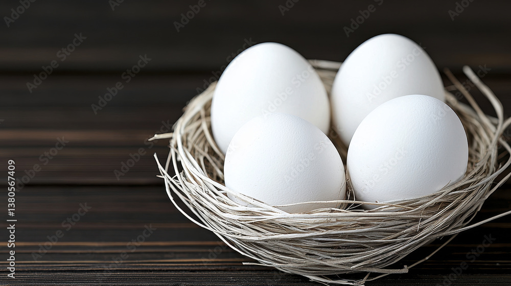 Poster fresh white eggs nestled in natural straw nest, symbolizing new beginnings and simplicity in rustic 