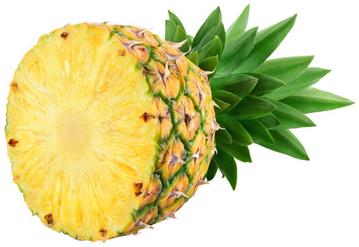 Fototapeta Pineapple isolated png. Pineapple half with leaves on transparent background. Cut pineapple no background. Sliced pineapple transparent png. Full depth of field.