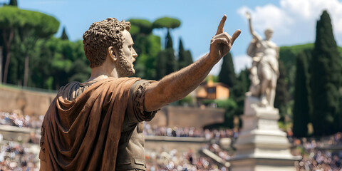 A Roman senator speaking to a crowd in the Forum, gesturing toward a grand marble statue behind him.
