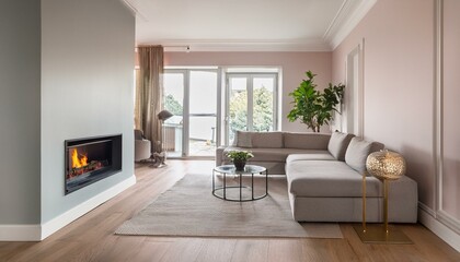 spacious and modern living room in pastel tones featuring a gray sofa classic fireplace and elegant wooden flooring