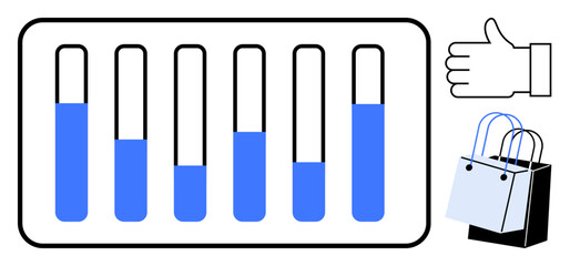 Bar chart showing data in ascending order, thumbs up icon for approval, shopping bags for retail. Ideal for business analytics, sales growth, market trends, achievements, customer satisfaction