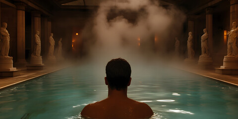 Obraz premium A Roman bathhouse filled with steam and patrons, with marble statues lining the walls and pools filled with water.