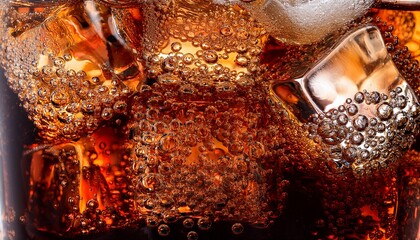 cola with ice close up of ice cubes in cola water texture of a carbonated drink with bubbles in the glass cola soda and ice splash fizzy or float on the surface cold drink background