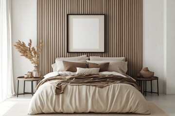 A neatly arranged modern bedroom with framed art above bed