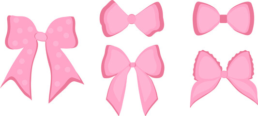Set of pink flirty vintage satin bows.Y2k aesthetic ribbon, elegant accessory, pastel tie isolated on white background.