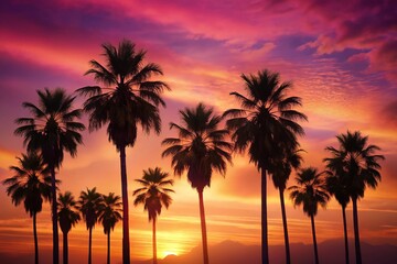 Obraz premium Silhouette of Palm Trees at Sunset - Tropical Beach Vacation Background