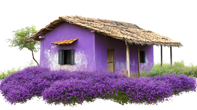 Scenic Purple Flowerbed with Traditional House in Rural Indian Setting - Isolated Image