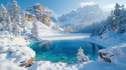 Fototapeta premium Winter Wonderland: Enchanting Turquoise Lake Nestled Amongst Snow-Capped Mountains