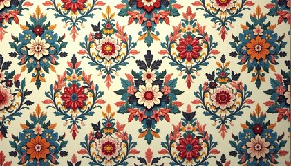 Intricate floral damask pattern in muted tones, art, silver