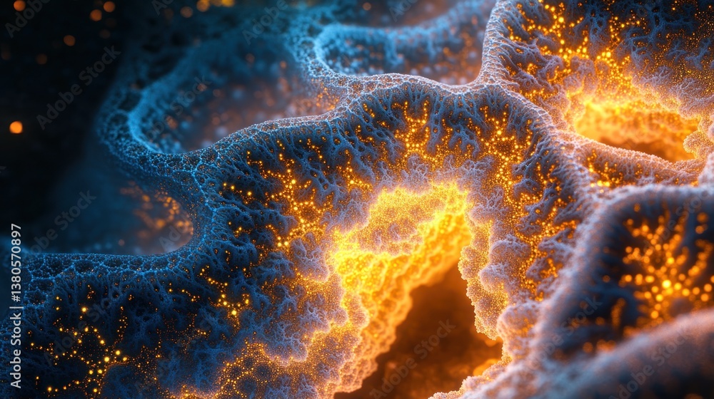 Poster intricate fractal art: a glowing coral-like abstraction displaying bioluminescence