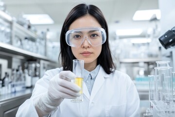 Fototapeta premium Focused scientist holding test tube filled with bright yellow li