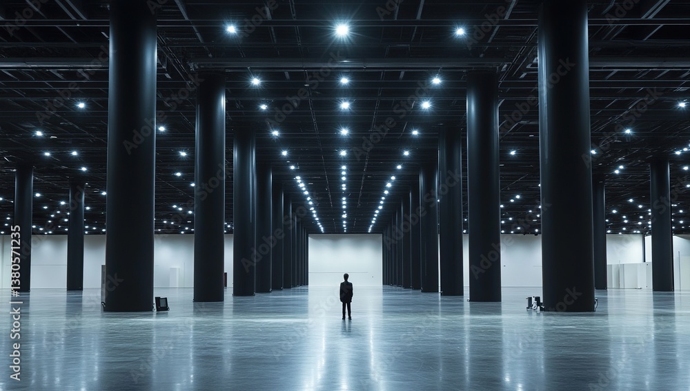 Poster vast empty hall: exploring architectural design with striking columns and bright lights