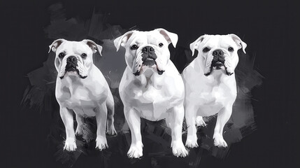 Obraz premium Three white bulldogs stand confidently against dark background, showcasing their unique personalities and charm