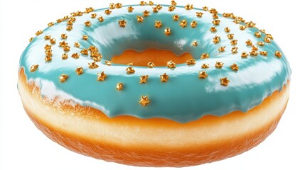 Glazed Donut with Blue Icing and Gold Star Sprinkles on White Background